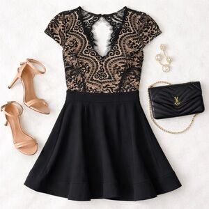 Chelsea Lace Fit Flare Cocktail Dress Black Cap Sleeve Keyhole Size XS NWT